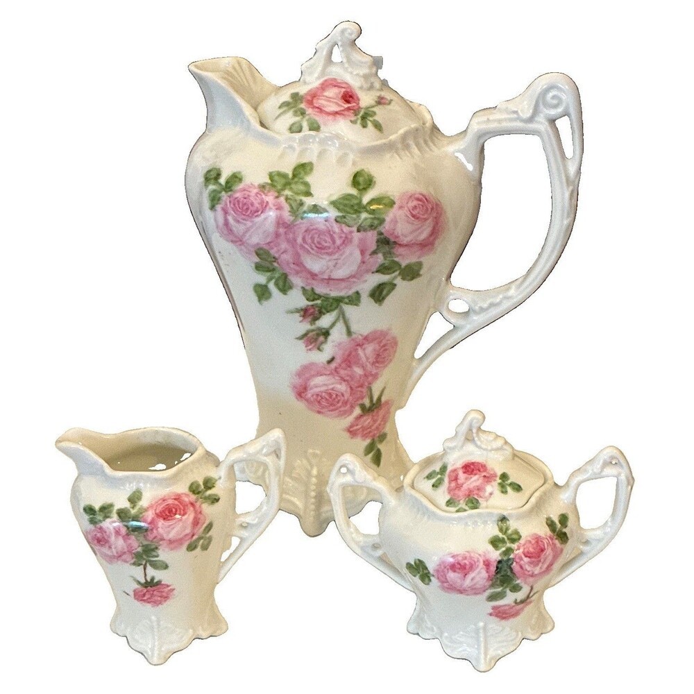 Ceramic Floral Rose Creamer & Lidded Sugar Bowl Set, White Pink Green 3pc